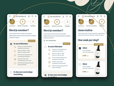 E-commerce / Stepper/Customizer app branding gold green serum ui web
