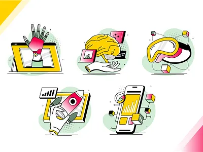 Artificial Intelligence Icon set ai icon branding colorful design custom icons design flat icon graphic design icon design illustration illustrations illustrative graphics robotic theme