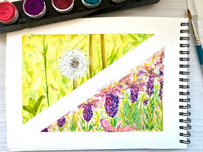 Exploring composition 🌼🪻 art bright contemplation dandelion flowers garden green illustration lavender natasha gonzalez paper poetic sketchbook spring summer traditional art traditional medium violet watercolor yellow