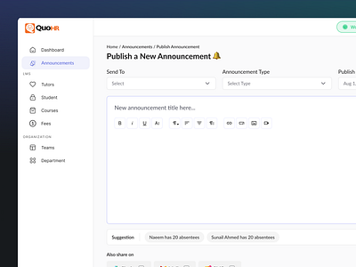 Publish a New Announcement announcement branding communicating dashboard dashboardui design hrms hrmssoftware illustration logo mobile app saas saasproduct software ui userexperience userinterface uxui webdesign website