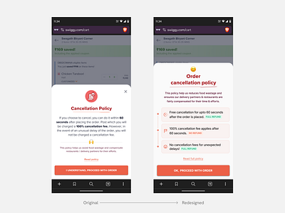 Order Cancellation policy cancellation policy checkout flow communication food delivery mobile order checkout policy pop up product design swiggy ui ux warning