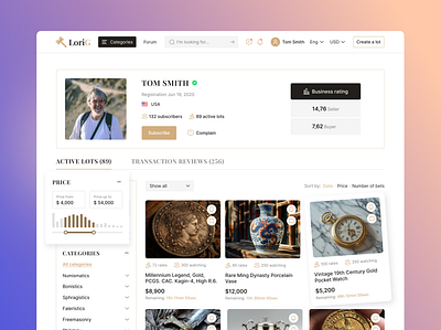 LoriG - Auction seller profile antiquesales auctionplatform auctionwebsite digitalauction digitalmarketplace interface onlineauctions product design techinauctions ui ux web design