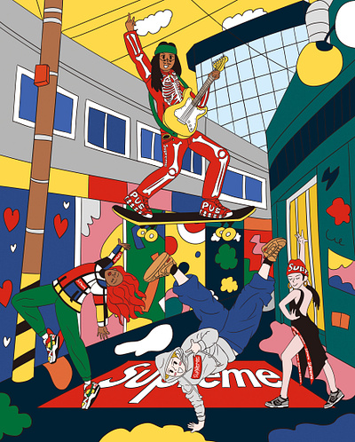 SQAUD MAGAZINE VOL.13 SUPREME Illustration artwork brand branding character collaboration dance dancing drawing fashion graphic design guitar illustration korean music rock street supreme