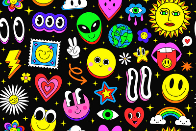 Cool Cute Cartoon Seamless Pattern. Y2k Pop Art Illustration 90s abstract art cartoon colorful comic cool cute design eyes funny groovy happy patch pattern positive smile sticker sun y2k