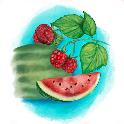 Watermelon Raspberry Digital Painting digital art digital painting drink flavor fresh fruit graphic design illustration illustrator packaging packaging art packaging illustration packaging illustrator painting picnic raspberry red seeds summer tasty watermelon