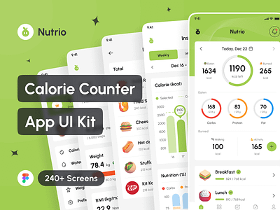 Nutrio - Calorie Counter App UI Kit app app design application calorie counter app calorie tracker app design design system health app interface mobile nutrition app portfolio step counter app template ui ui design ui kit uiux water tracker app weight tracker app