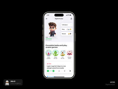 Digital Avatar avatar daily ui design design app digital avatar digital profile game design lvl up metuniverse mobile app my reward niki e page profile profile profile in game shop in game ui user ux