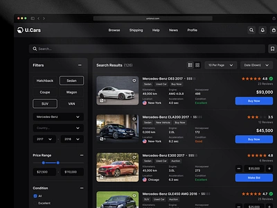 Cars search - Union UI application auto automotive bids black buy cars dark filters landing market search sell shop store ui ux web website