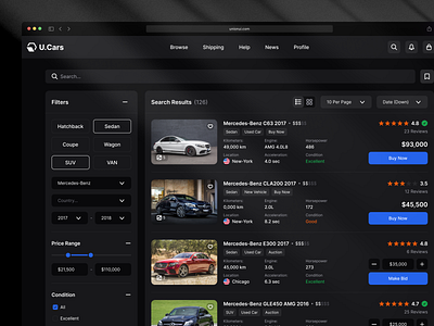 Cars search - Union UI application auto automotive bids black buy cars dark filters landing market search sell shop store ui ux web website