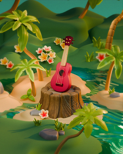 Guitar in a Tropical Forest – Arli Handmade Shoes 3d 3d guitar 3d modeling 3d palm animation forest guitar palm tropical flowers