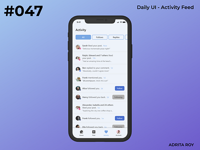 Daily UI 047 - Activity Feed activity feed dailychallenge dailyui dailyui 47 design figma mobile notifications product design prototyping ui uiux ux wireframing