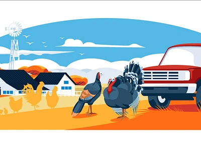 Autumn farm agriculture autumn bird cock domestic fall farm flat harvest hen house illustration landscape orange pumpkin residence season truck turkey vector art