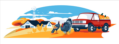 Autumn farm agriculture autumn bird cock domestic fall farm flat harvest hen house illustration landscape orange pumpkin residence season truck turkey vector art