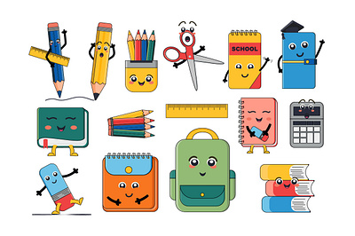 Mascot School Supplies back to school cartoon character comic cute education emoji face flat funny illustration knowledge learning mascot notebook person school study supplies vector