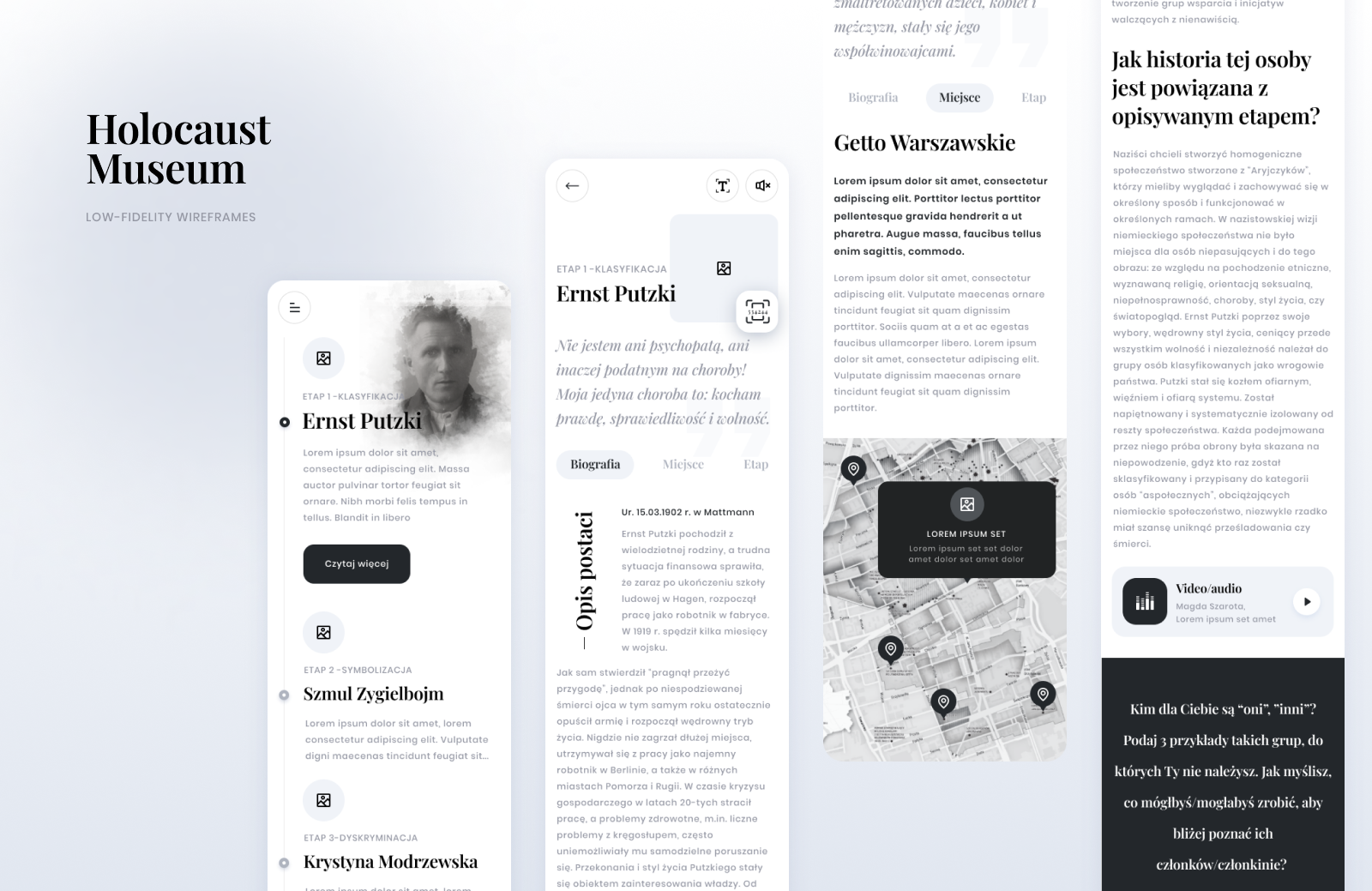 Holocaust Museum low-fidelity wireframes 3d android animation app branding design graphic design history museum past illustration interaction interface logo motion graphics museum product design ui ux