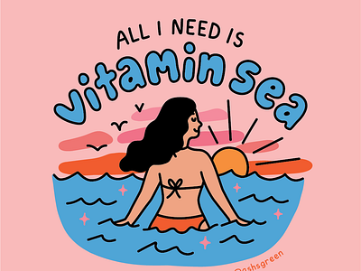 All I need is vitamin sea adobe illustrator art challenge bold colors character drawing girl swimming illustration lettering ocean sea sunset the coast vector art