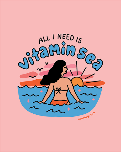 All I need is vitamin sea adobe illustrator art challenge bold colors character drawing girl swimming illustration lettering ocean sea sunset the coast vector art