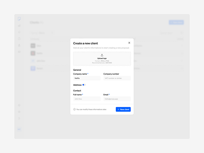 Propa - Create a new client modal client dashboard invoicing light mode modal product design saas ui ux