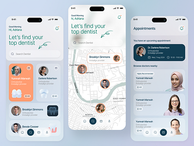 Dentist appointment booking app UI-UX app appointment care dental dentist dentistryapp design doctor health health care medicine mobile app mobileappdesign teeth tooth treatment userexperience userinterface