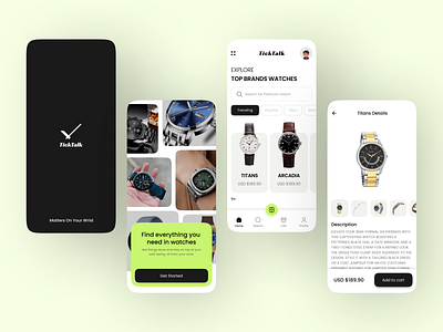 Watch ecommerce App UI (TickTalk) app design digital design e commerce app e commerce ui ecommerce ecommerce ui kit fashion app interface design minimalist design mobile app mobile commerce online shopping product design ui ui design ux design watch app watch design watch ecommerce watch store ui