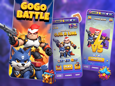 GogoBattle - Game Mobile Design 2 players 3d illustration add friends battle game design brawl games button game button ui design cute design game design battle game game design game mode game shop game ui design home page interactive game mobile mobile game design on boarding game rpg design