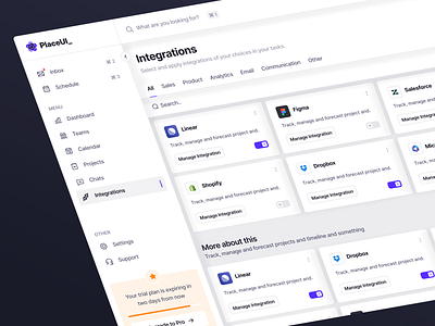 Integration Page created with PlaceUi Design System👍 app design card clean color palette dashboard design design kit design system header integration navigation place ui placeui rebranding redesign starter kit tabs ui design ui element ui kit