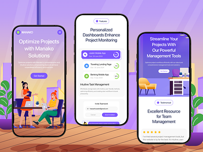 Project Management Landing page -Manako 2d illustration app app design branding design graphic design homepage illustration illustration app illustration website landing page mobile app planning website project management landing page saas saas app saas landing page task management uxui vector