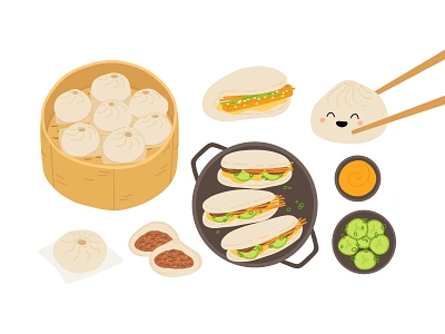 Bao buns set asian bao cartoon character concept cuisine cute design flat food illustration snack vector