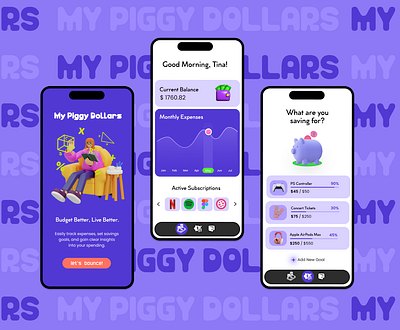 My Piggy Dollars | Budget Money Saving App 3d app branding budget app characters design dollars fun graphic design illustration ios logo mobile mobile app design mobile design money saving app purple typography ui ux