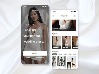 Wedding Dress Picker bento black and white design e commerce grid home ios minimal mobile mobile design native onboarding scroll shopping social ui user interface ux