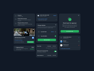 Parking app Cards - Dark Mode app design car parking app card design card ui dark card ui parking app parking slot ui permit app ui visual design