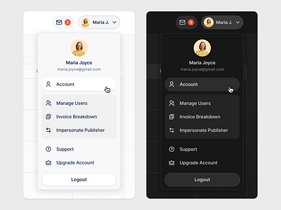 Top navigation - User menu clean dark dark mode design drop menu dropdown flat light light mode menu minimal nav nav menu navigation profile side bar sidebar ui user ux