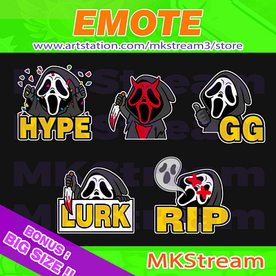 Twitch emotes scream ghostface hype, devil, gg, lurk & rip pack animated emotes cute design devil devil ghostface emote emotes gg ghost face ghostface ghostface emotes halloween hype illustration lurk rip scream scream emotes sub badge twitch emotes