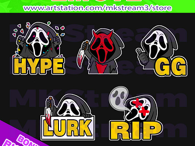 Twitch emotes scream ghostface hype, devil, gg, lurk & rip pack animated emotes cute design devil devil ghostface emote emotes gg ghost face ghostface ghostface emotes halloween hype illustration lurk rip scream scream emotes sub badge twitch emotes