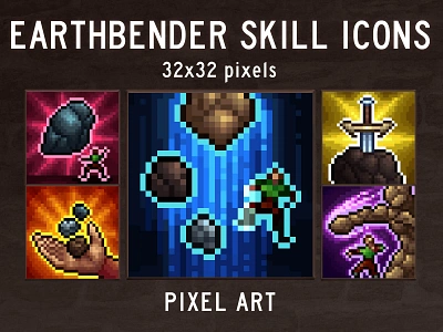 Earthbender Skills 32×32 Pixel Icon Pack 2d 32x32 art asset assets fantasy game game assets gamedev icon icons indie indie game pixel pixelart pixelated rpg skill skills ui