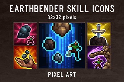 Earthbender Skills 32×32 Pixel Icon Pack 2d 32x32 art asset assets fantasy game game assets gamedev icon icons indie indie game pixel pixelart pixelated rpg skill skills ui