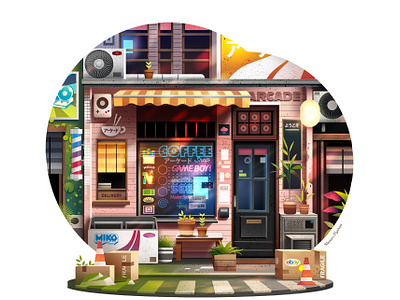 Arcade cafe🕹 animation arcade city cool design illustration lifestyle light pop poster