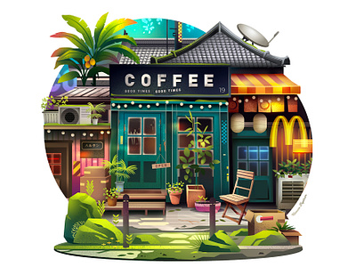 Jungle cafe architecture boutique cafe city illustration jungle light nature shop travel voyage