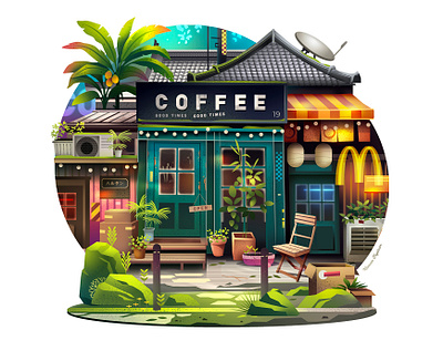 Jungle cafe architecture boutique cafe city illustration jungle light nature shop travel voyage