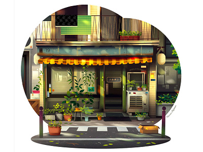 Boutique 🌱🌿☘️🪴 boutique city facade illustration light plants travel