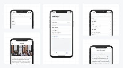 Dynamic opting and static content · User Settings · Agah about app bar color design experience grid interface ios iphone mobile mockup mode navigation news settings terms theme ui user