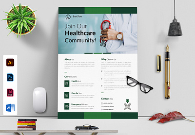 healthcare community flyer design a4 adobe illustrator backgrounds branding design design template editable flyer design flyer template graphic design green flyer healthcare flyer medical flyer