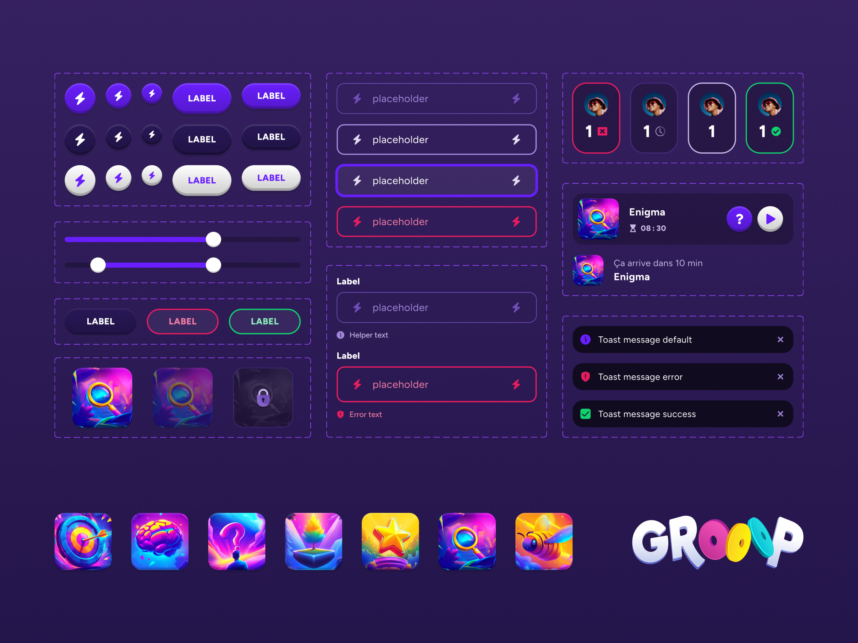 🕹️ Grooop app application cards clean colorful design figma games mobile mobile application profile ui