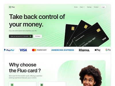 Fluo - Modern Online Banking Homepage Design bank digital banking finance financial technology fintech flat design gradient green home page inspiration landing page modern neobank online banking startup ui user interface webdesign website