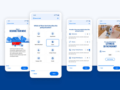 Move walkthrough app blue button icons mobile moving product selection tickers truck ui ui design web design white