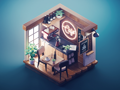 Urban Café 3d blender cafe diorama illustration isometric lowpoly render room