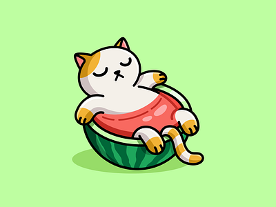 Cat Relaxing in Summer adorable bathing cat character cute enjoying summer fat fruit funny illustration juice kitten kitty lazy lounging mascot playful relaxing summer watermelon