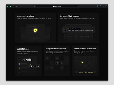 Eventora - Bento Grids for Features Section acrarizq app design bento bento cards cards dark mode event event management event planner features features section interaction interface product design saas saas landing page ui uiux user interface ux