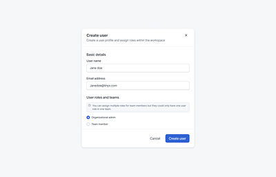 Create user modal in SaaS application admin dashboard admin panel ui clean interface dashboard design form design interaction design modal design modern ui product design simple ui design uiux design user creation user interface design user management user onboarding user role ux writing web application ui workspace management