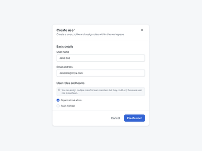 Create user modal in SaaS application admin dashboard admin panel ui clean interface dashboard design form design interaction design modal design modern ui product design simple ui design uiux design user creation user interface design user management user onboarding user role ux writing web application ui workspace management